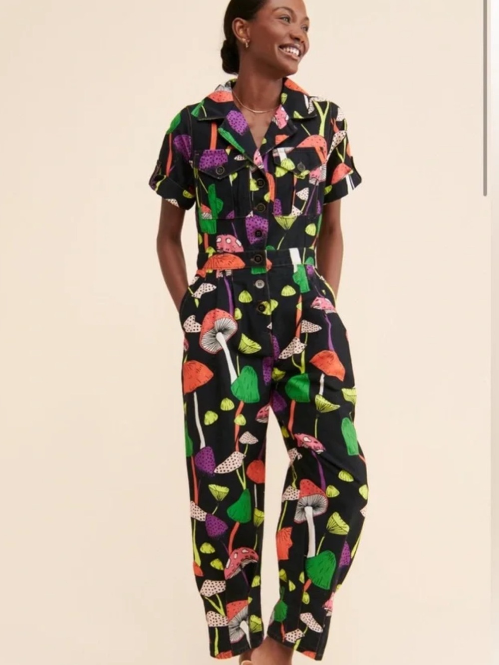 Farm Rio Black Mushroom Print Jumpsuit - Multicolor - Picture 6 of 12
